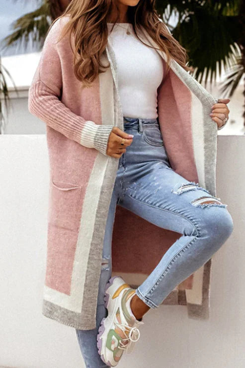 WW | Langer Cardigan - Offene Front - Weiches Strick - Rippbündchen - Mit Taschen