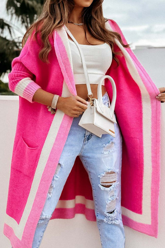 WW | Langer Cardigan mit Kapuze und kontrastierendem Design