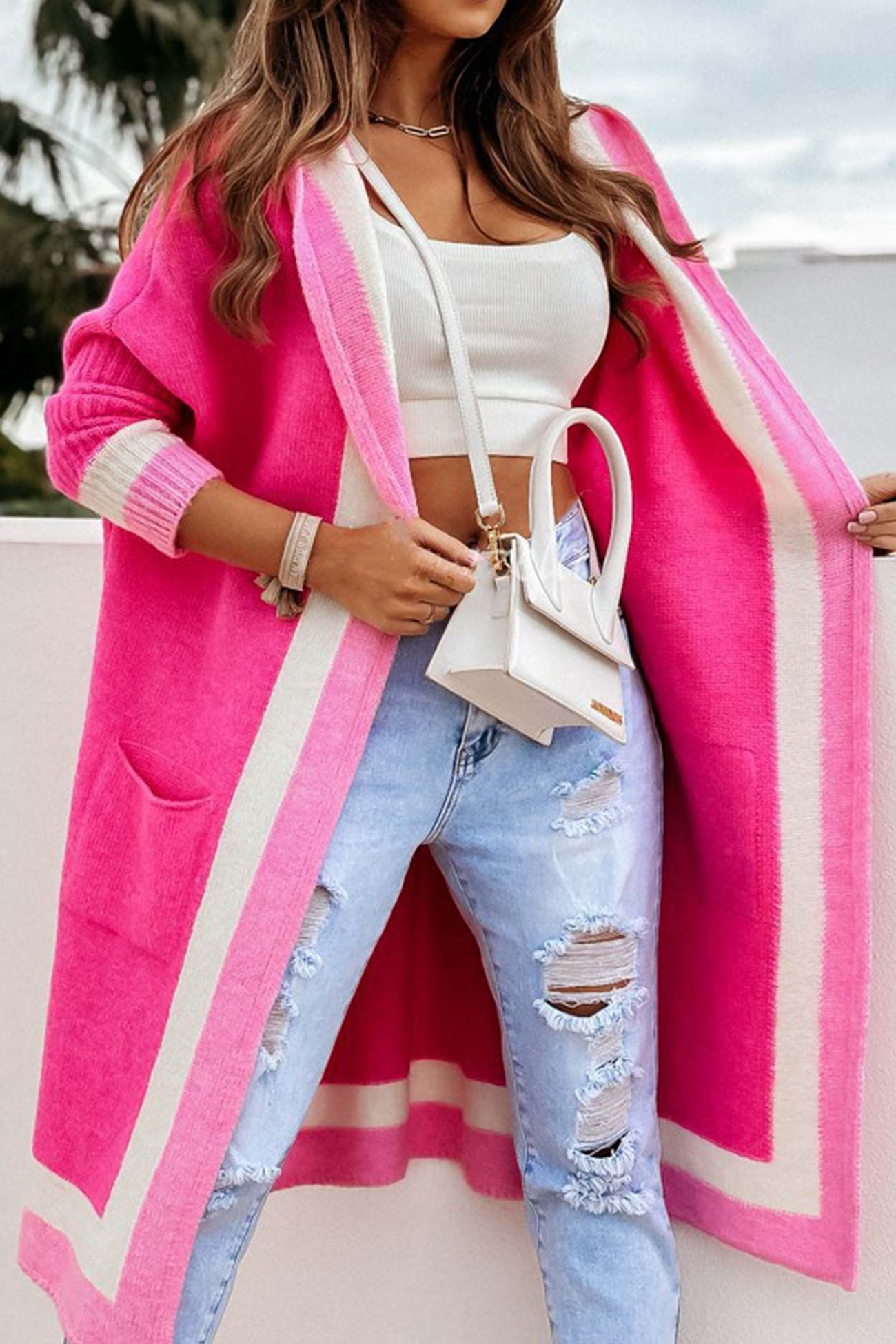 WW | Long Hooded Cardigan with Contrasting Design