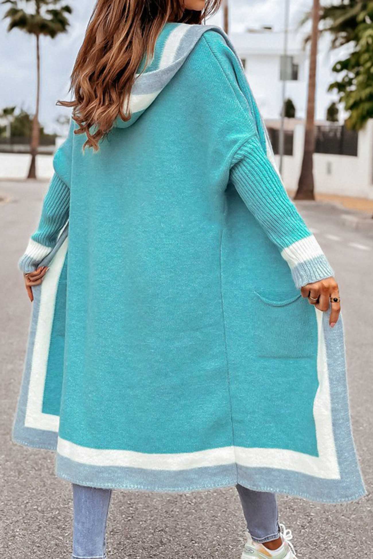 WW | Long Hooded Cardigan with Contrasting Design