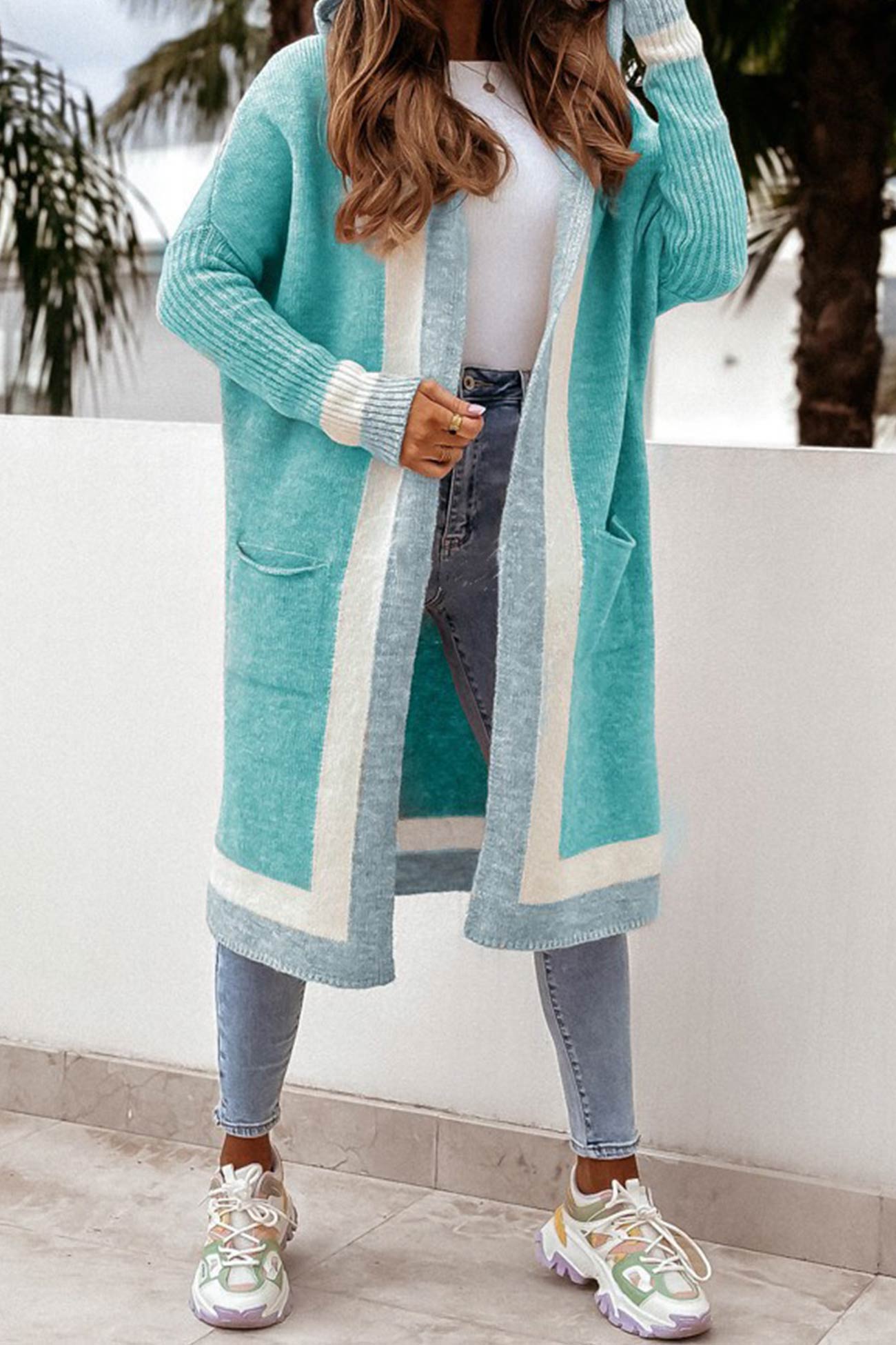 WW | Long Hooded Cardigan with Contrasting Design