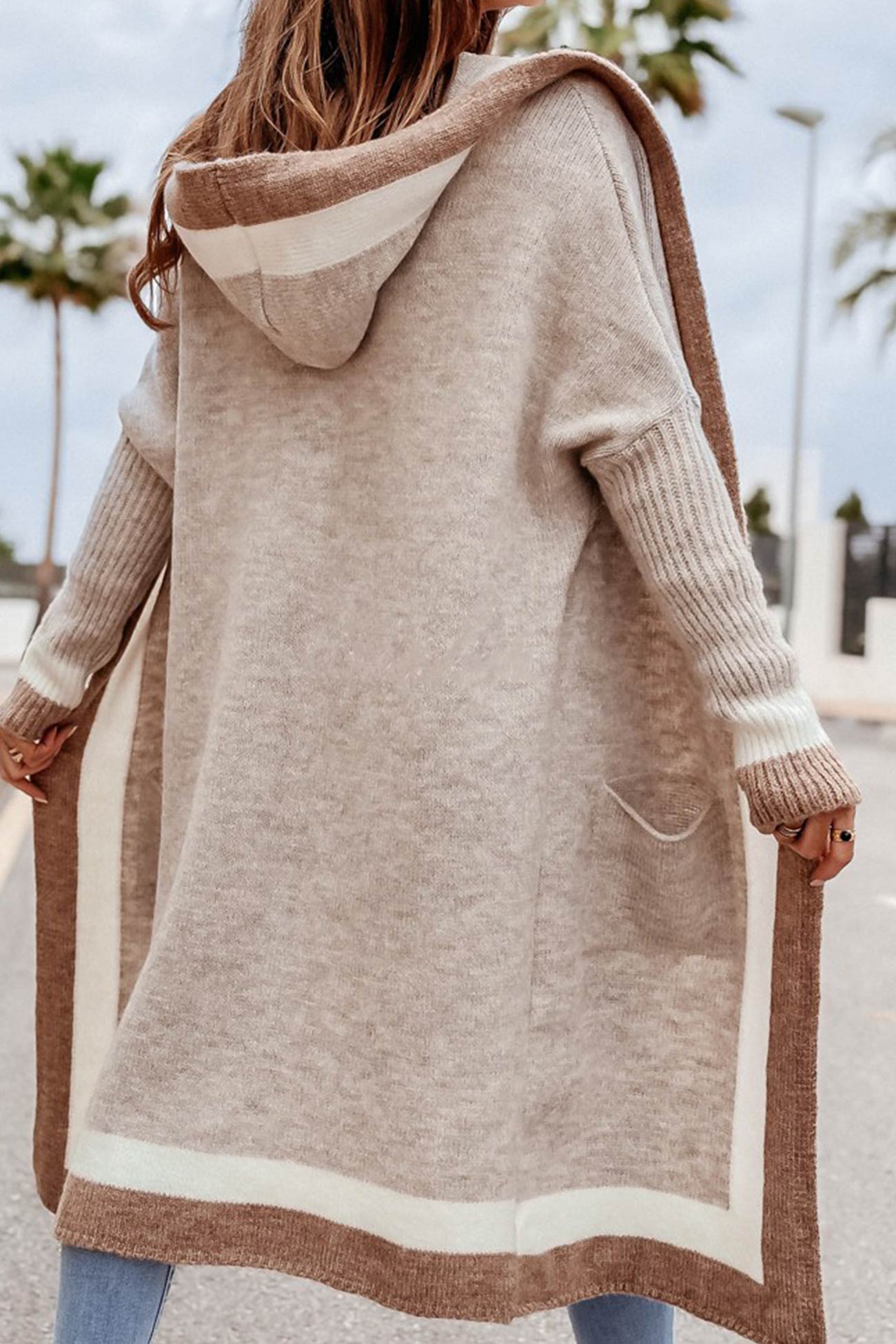 WW | Long Hooded Cardigan with Contrasting Design