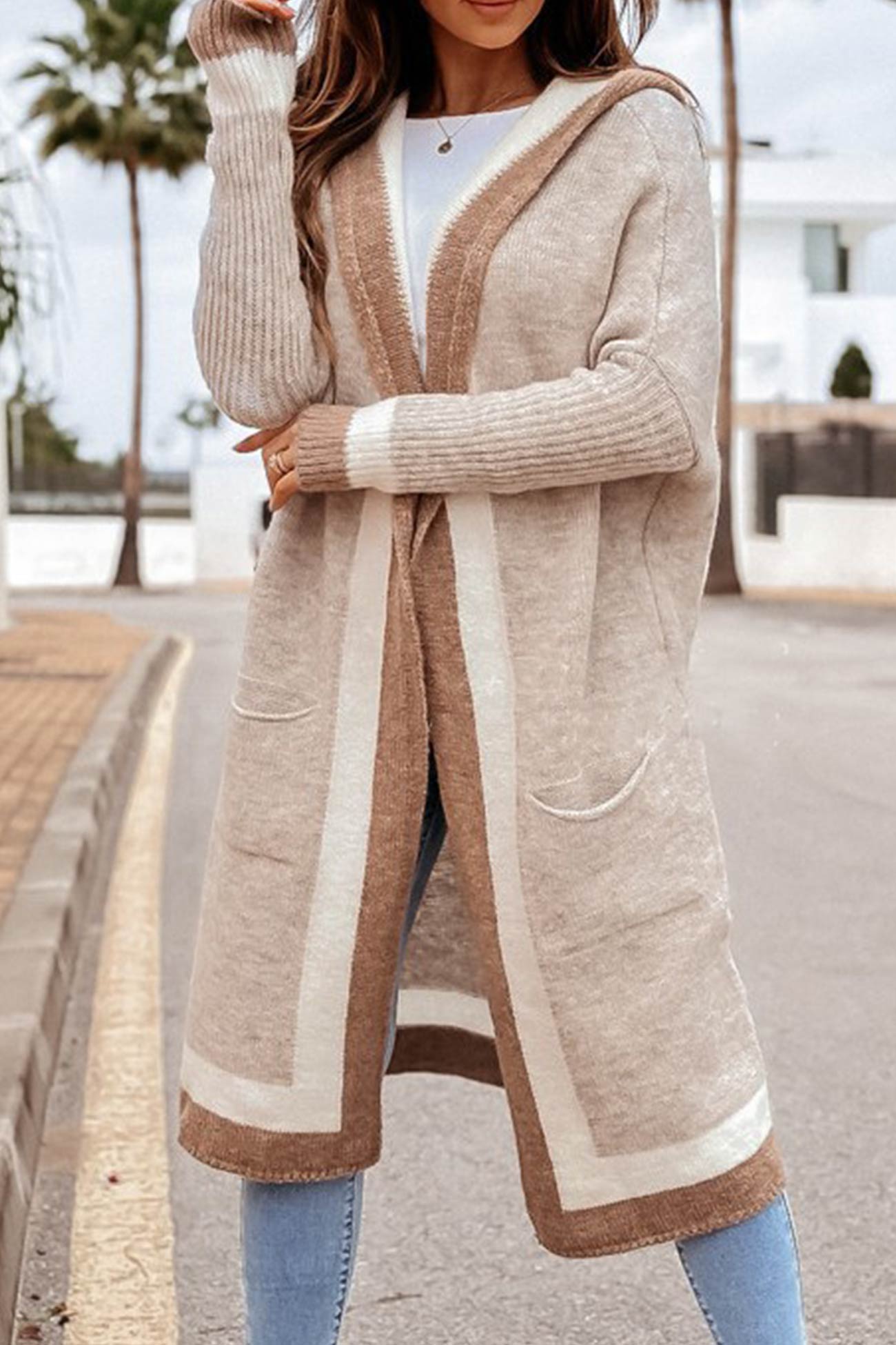 WW | Long Hooded Cardigan with Contrasting Design