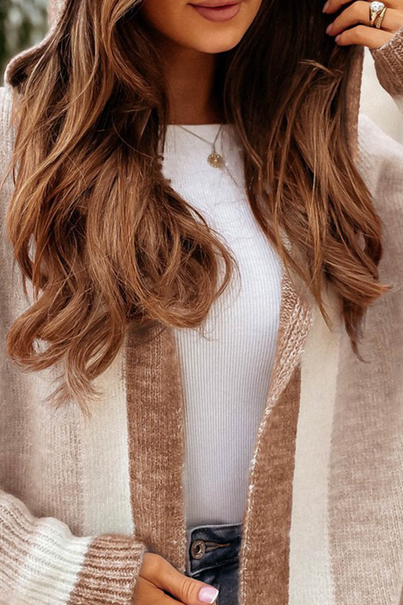 WW | Long Hooded Cardigan with Contrasting Design