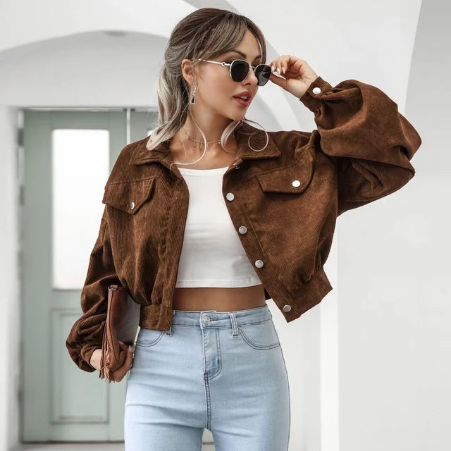 WW | Knöpfen Laternenärmel Cropped Jacke Bomberjacke für Frauen