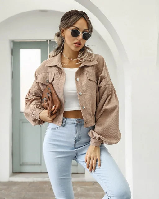 WW | Knöpfen Laternenärmel Cropped Jacke Bomberjacke für Frauen
