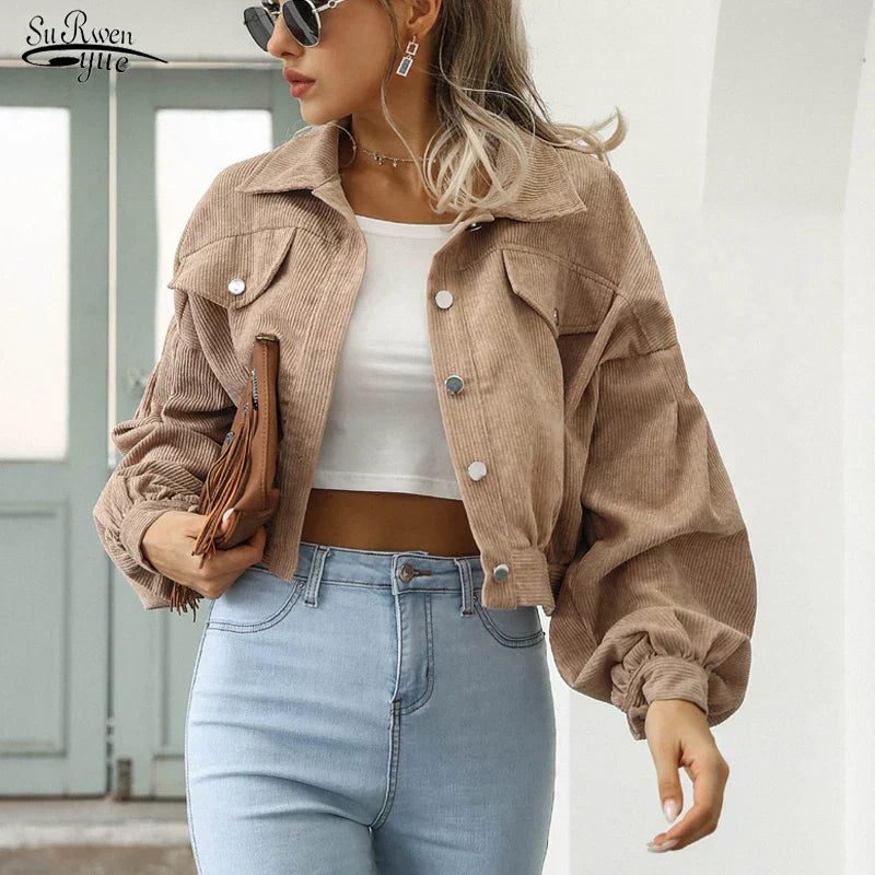 WW | Knöpfen Laternenärmel Cropped Jacke Bomberjacke für Frauen