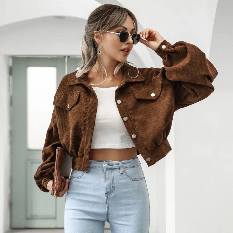 WW | Knöpfen Laternenärmel Cropped Jacke Bomberjacke für Frauen