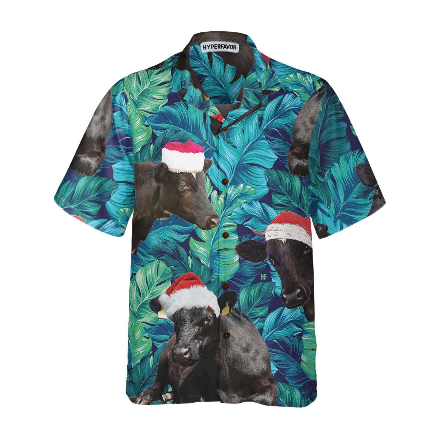WW | Kühe Schwarze Rinder Tragen Weihnachtsmann Hut Hawaiihemd, Tropisches Blattmuster Weihnachtshemd, Bestes Geschenk Für Weihnachten
