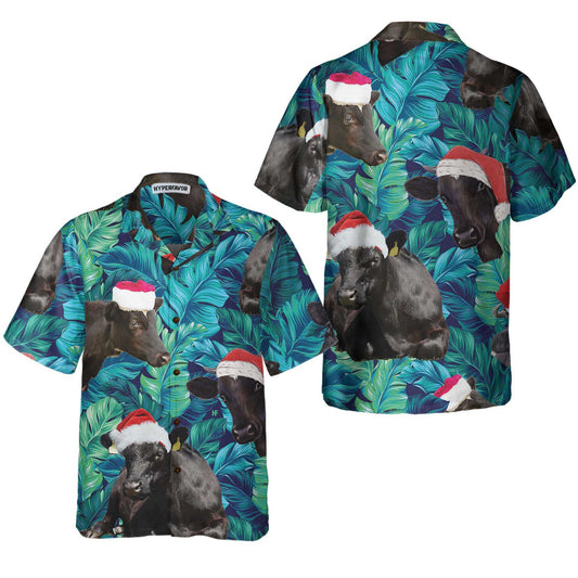 WW | Kühe Schwarze Rinder Tragen Weihnachtsmann Hut Hawaiihemd, Tropisches Blattmuster Weihnachtshemd, Bestes Geschenk Für Weihnachten