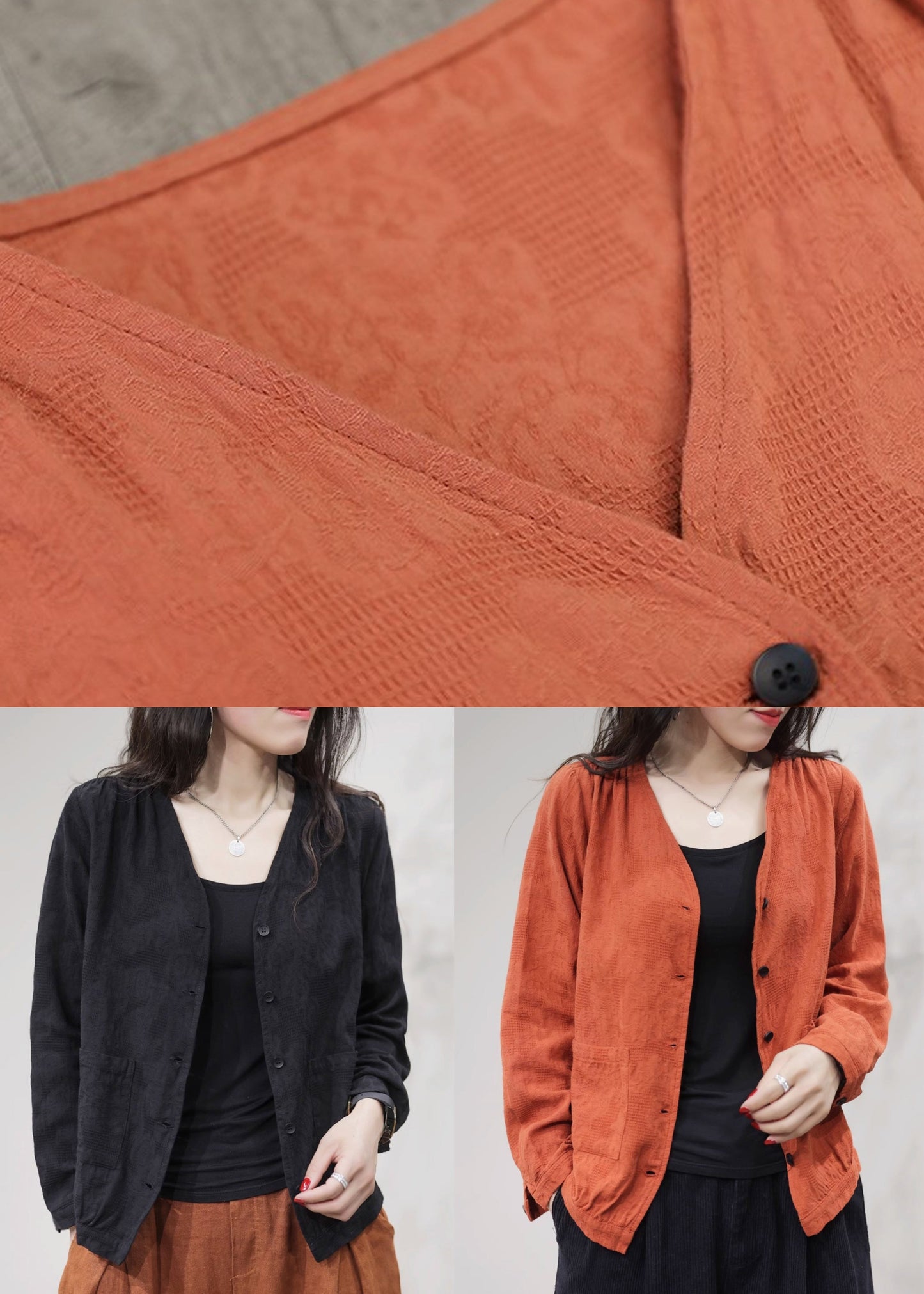WW | Black V-Neck Button Cotton Coats Long Sleeve