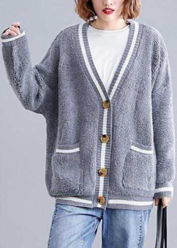 WW | large pockets grey V-neck knitwear plus-size dresses knitted jackets