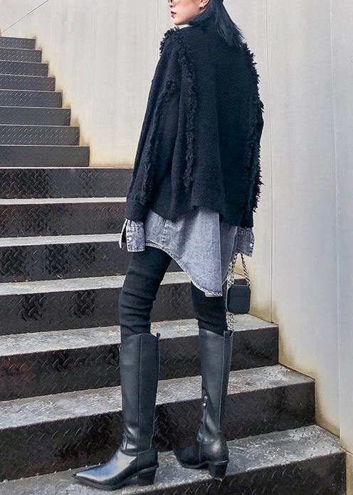 WW | schwarze Strickmäntel Plus Size Patchwork falsche Zweiteiler Strick Sweat Tops