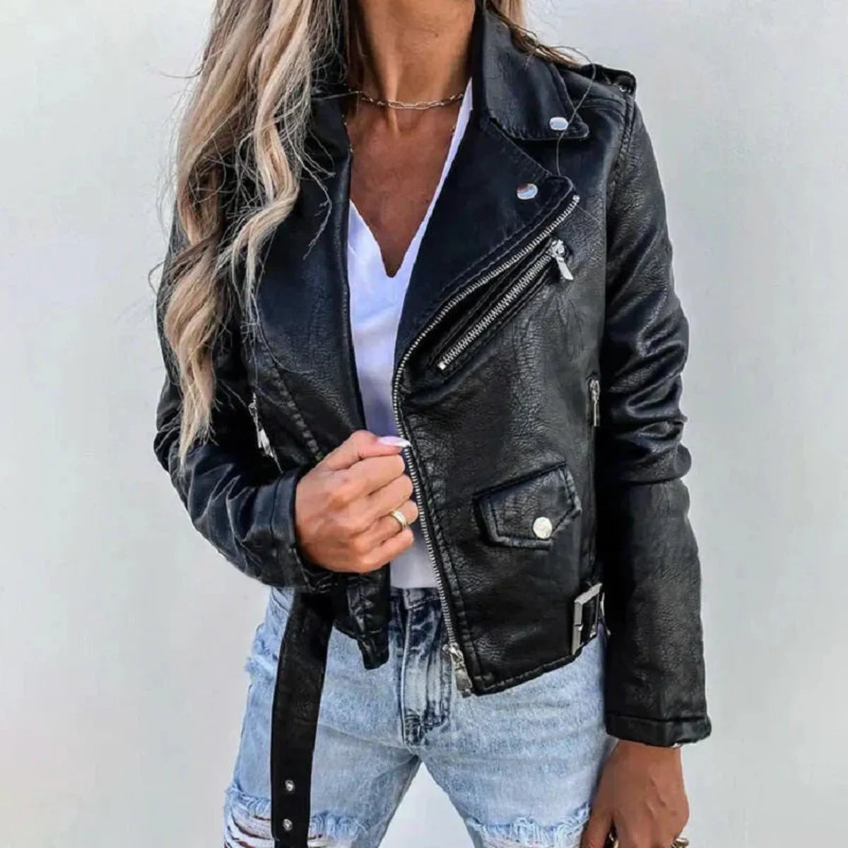 WW | Gekürzte PU-Leder Bikerjacke mit Asymmetrischem Reißverschluss