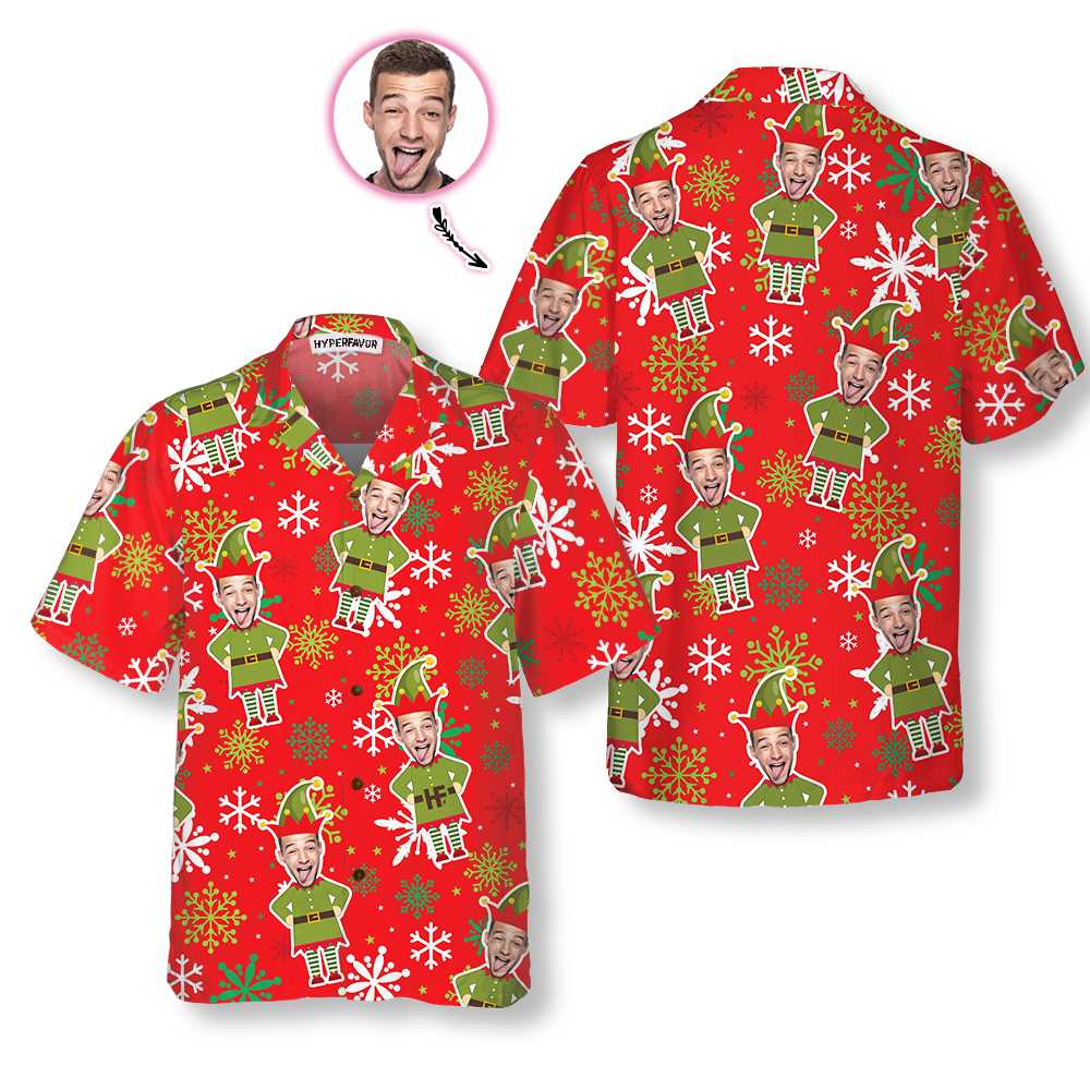 WW | Benutzerdefiniertes Gesicht Weihnachts-Elf Benutzerdefiniertes Hawaiihemd, grünes Elfhemd, personalisiertes Geschenk für Weihnachten