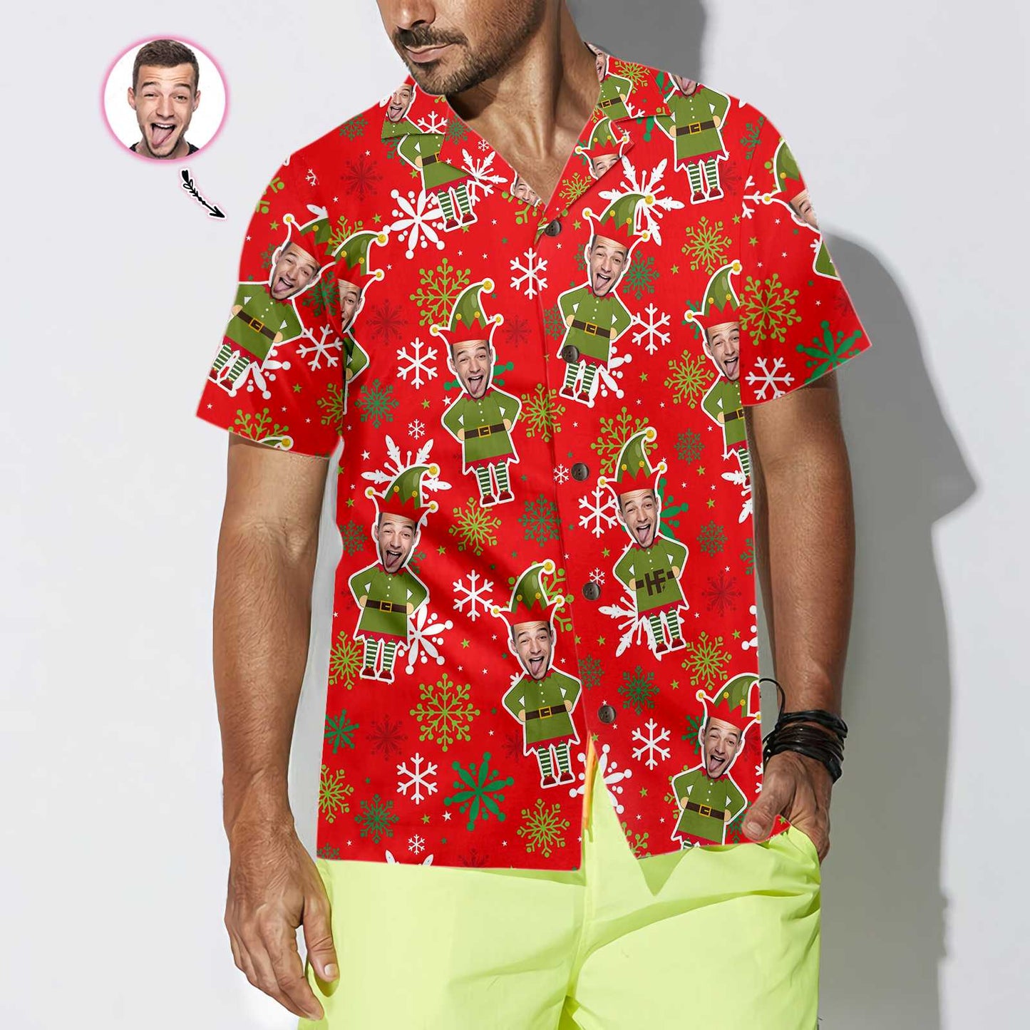 WW | Benutzerdefiniertes Gesicht Weihnachts-Elf Benutzerdefiniertes Hawaiihemd, grünes Elfhemd, personalisiertes Geschenk für Weihnachten