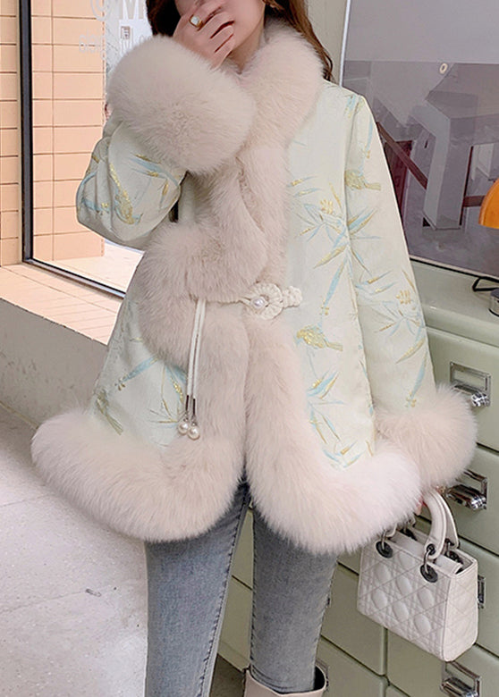 WW | Beige Foxkragen Bestickte Leder- Und Pelzmäntel Winter