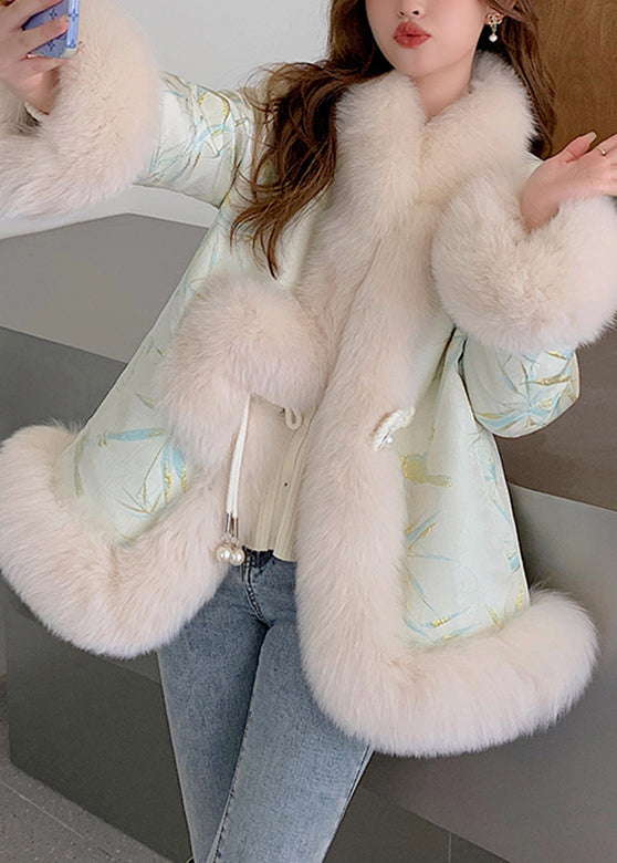 WW | Beige Fox Collar Embroidered Leather and Fur Coats Winter