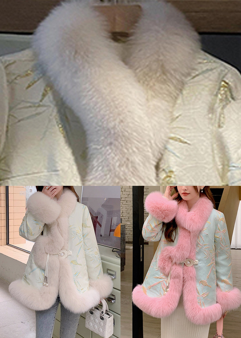 WW | Beige Fox Collar Embroidered Leather and Fur Coats Winter