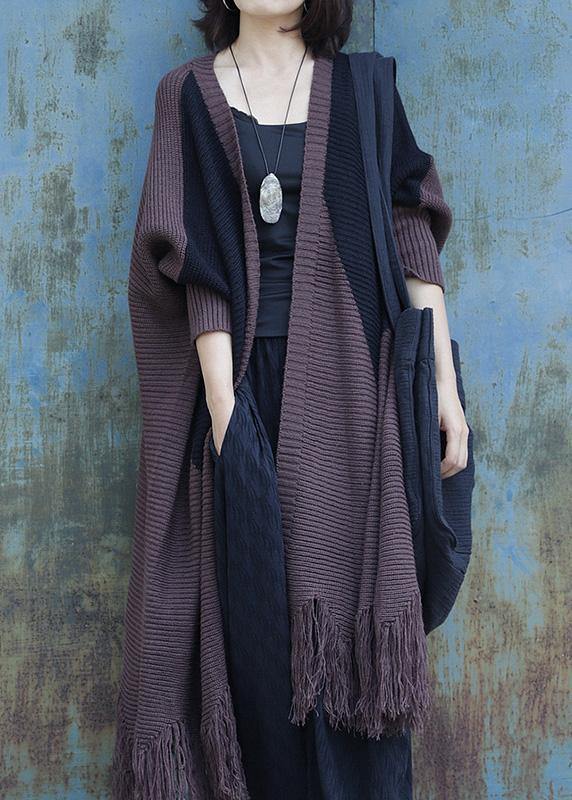 WW | Tassel Knit Outerwear Plus Size Chocolate Batwing Sleeve Knitted Cardigans