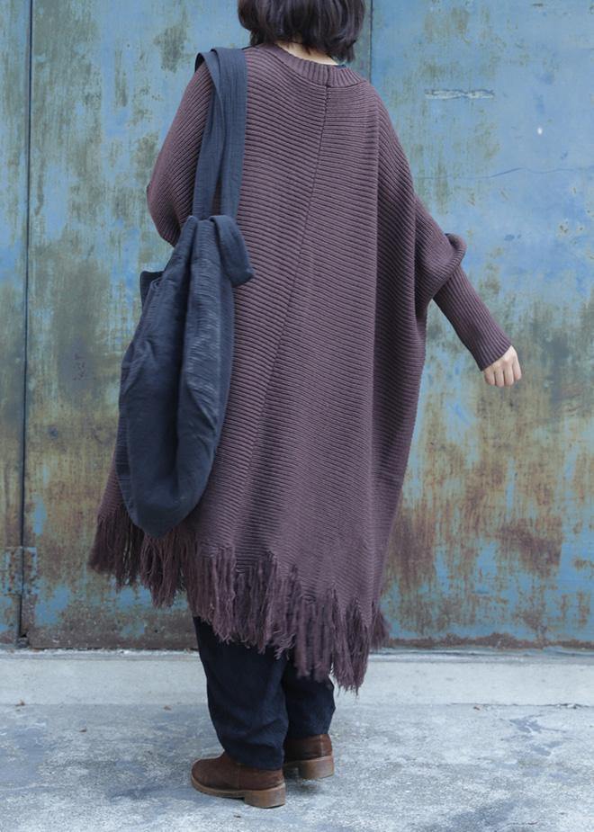 WW | Tassel Knit Outerwear Plus Size Chocolate Batwing Sleeve Knitted Cardigans