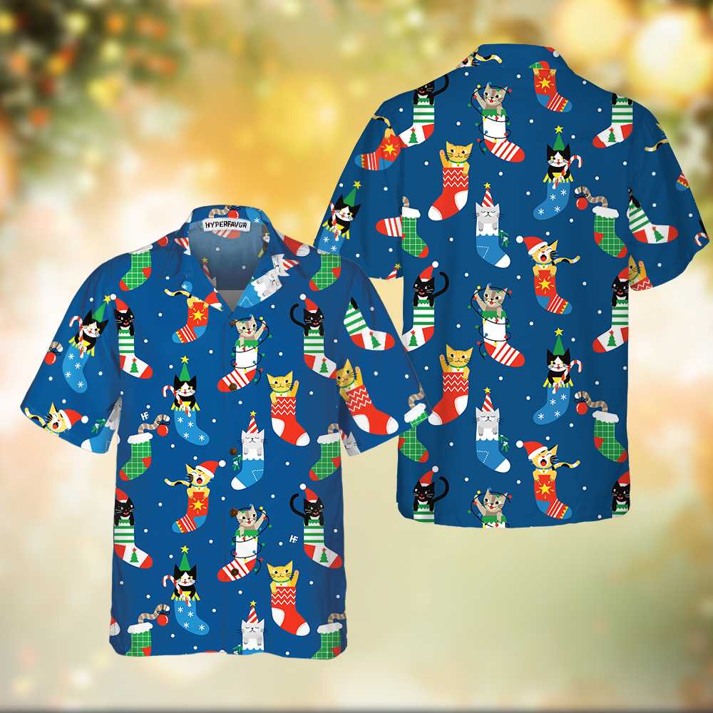WW | Süße Katzen in Weihnachtsstrümpfen Hawaiian Shirt, Weihnachtskatze Shirt, Bestes Weihnachtsgeschenk