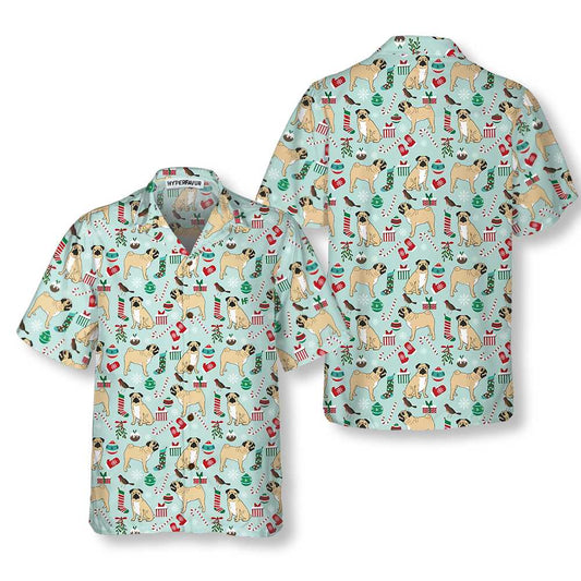 WW | Süße Pug Xmas Urlaubs-Hawaiian-Shirt, Lustiges Weihnachts-Hund-Hawaiian-Shirt