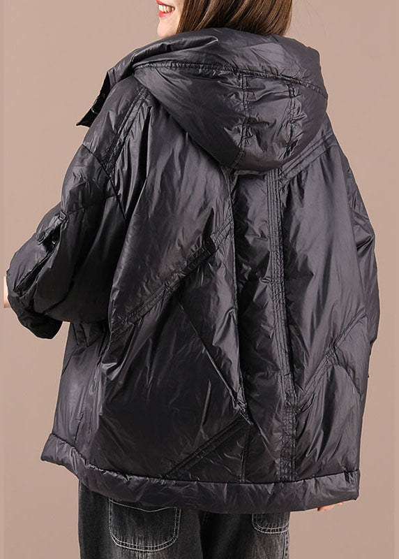 WW | Schwarze Kapuzenjacken mit Taschen Winter Entenfedern Lange Ärmel
