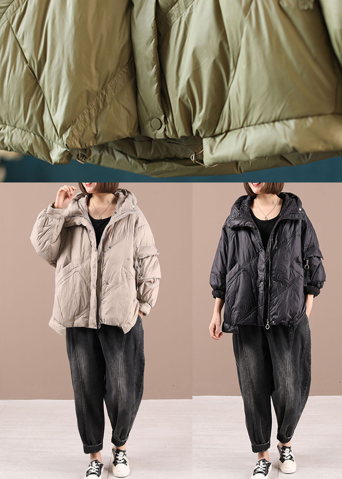 WW | Schwarze Kapuzenjacken mit Taschen Winter Entenfedern Lange Ärmel