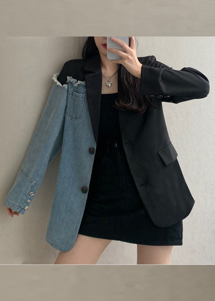 WW | Black Notch Pocket Asymmetrical Denim Patchwork Long Sleeve Coats
