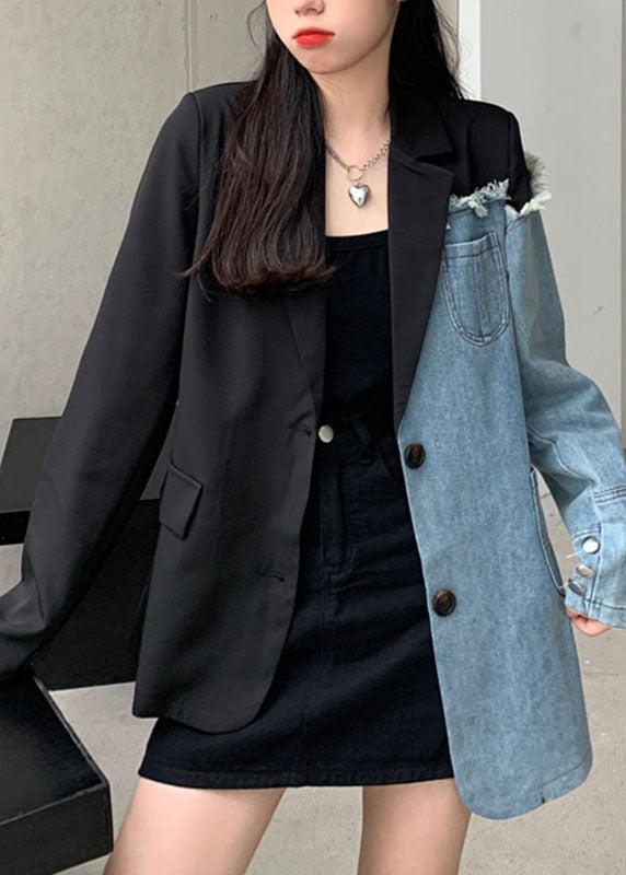 WW | Black Notch Pocket Asymmetrical Denim Patchwork Long Sleeve Coats