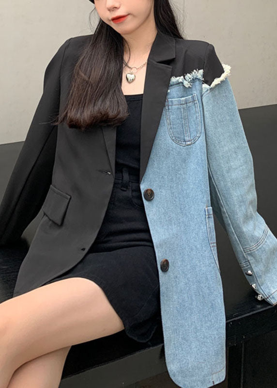 WW | Black Notch Pocket Asymmetrical Denim Patchwork Long Sleeve Coats