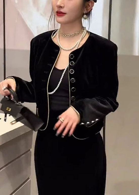 WW | Black O-Neck Button Silk Velvet Coats