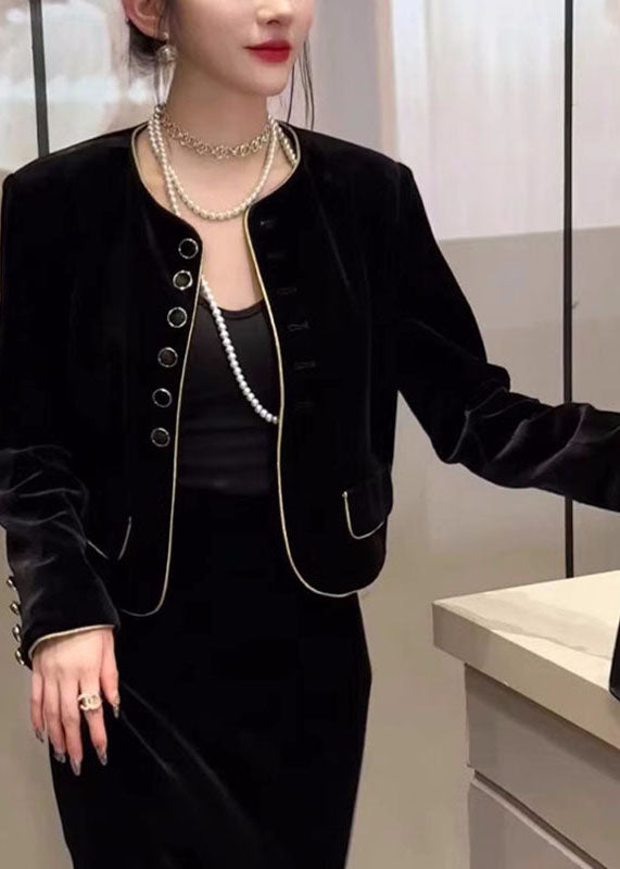 WW | Black O-Neck Button Silk Velvet Coats