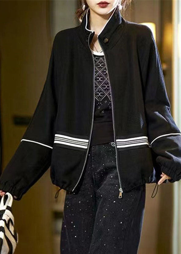 WW | Black Stand Collar Zipper Drawstring Patchwork Jackets
