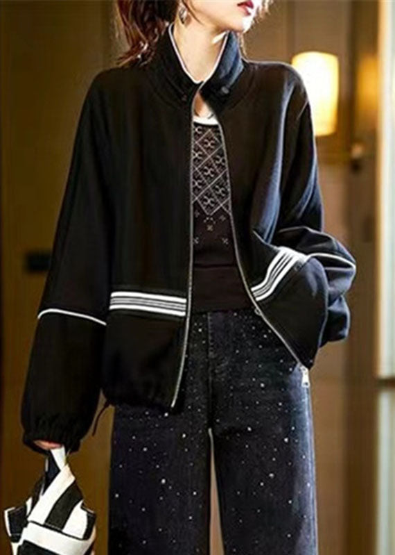 WW | Black Stand Collar Zipper Drawstring Patchwork Jackets