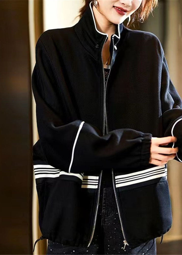 WW | Black Stand Collar Zipper Drawstring Patchwork Jackets