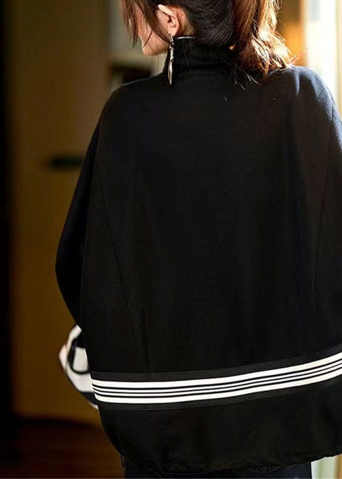 WW | Black Stand Collar Zipper Drawstring Patchwork Jackets