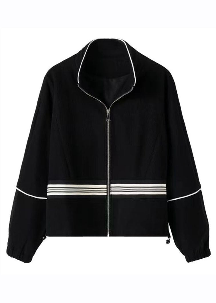 WW | Black Stand Collar Zipper Drawstring Patchwork Jackets