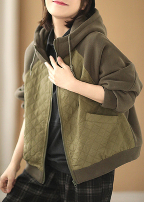 WW | Green Hooded Patchwork Cotton Sweatshirt Coats