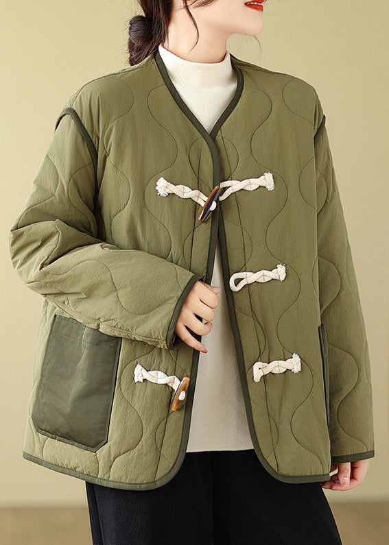 WW | Green Pockets Horn Button Fine Cotton-Filled Jackets Winter
