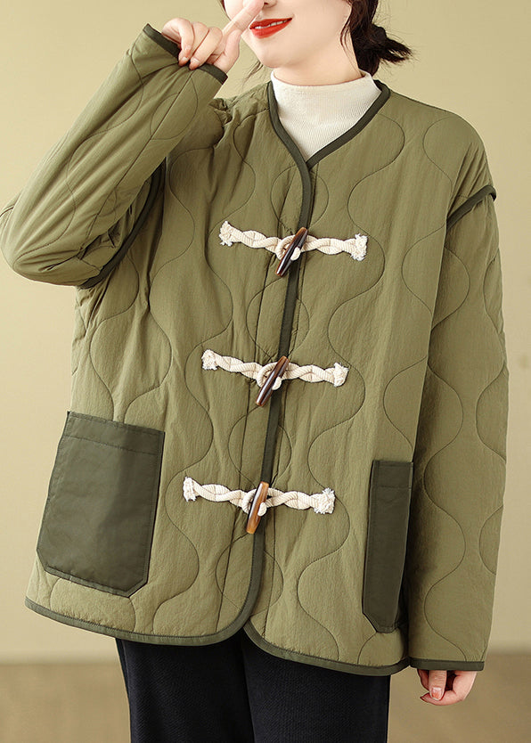 WW | Green Pockets Horn Button Fine Cotton-Filled Jackets Winter