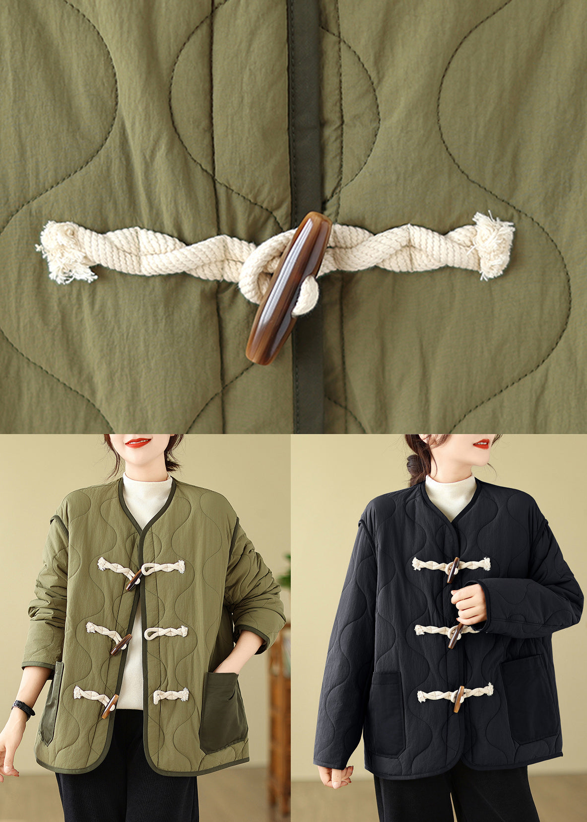 WW | Green Pockets Horn Button Fine Cotton-Filled Jackets Winter