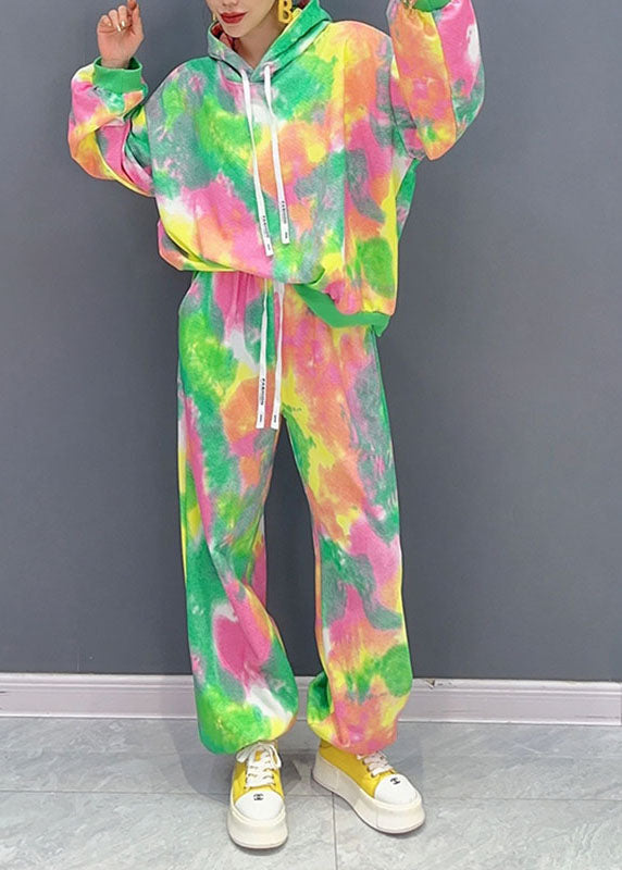 WW | Green Print Hooded Cloak and Lantern Pants Two-Piece Set with Long Sleeves