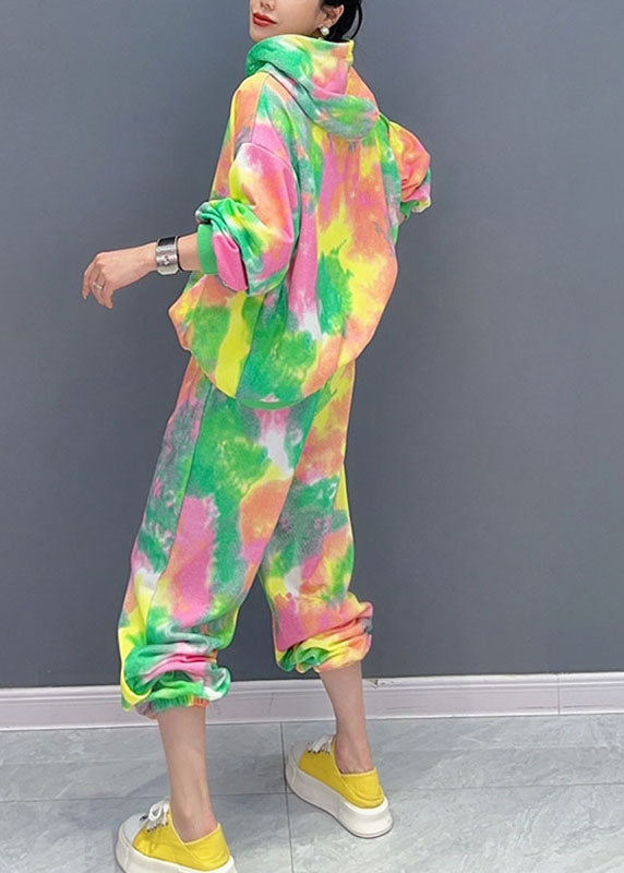 WW | Green Print Hooded Cloak and Lantern Pants Two-Piece Set with Long Sleeves