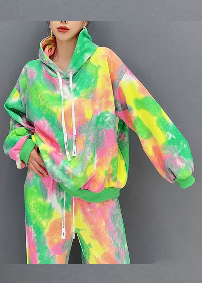 WW | Green Print Hooded Cloak and Lantern Pants Two-Piece Set with Long Sleeves