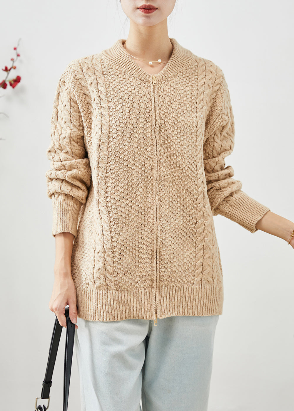WW | Khaki Zip-Up Chunky Cable Knit Cardigans
