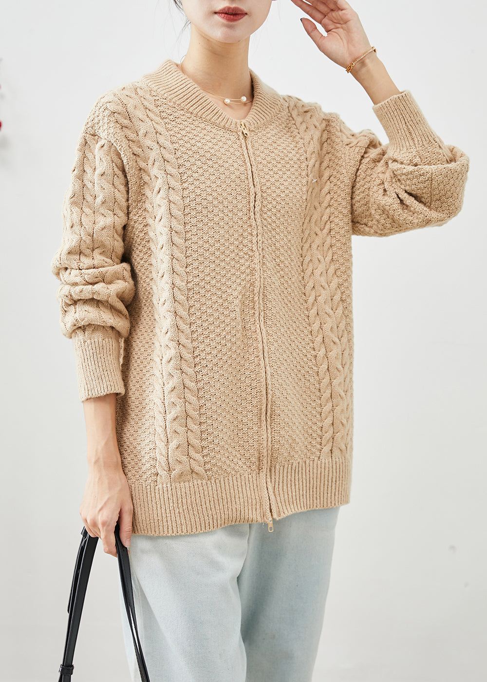WW | Khaki Zip-Up Chunky Cable Knit Cardigans