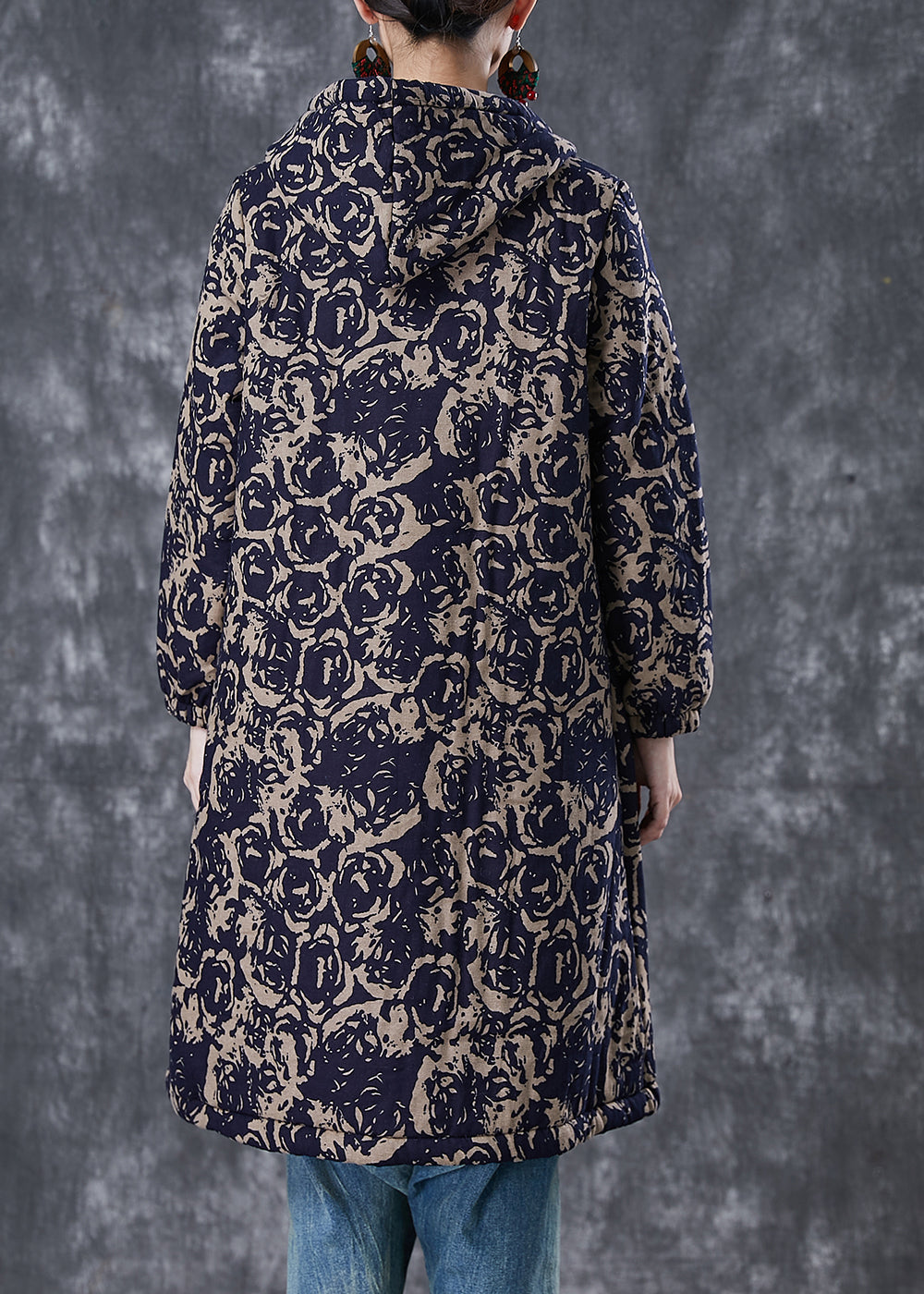 WW | Navy Hooded Print Warm Fleece Jackets Winter