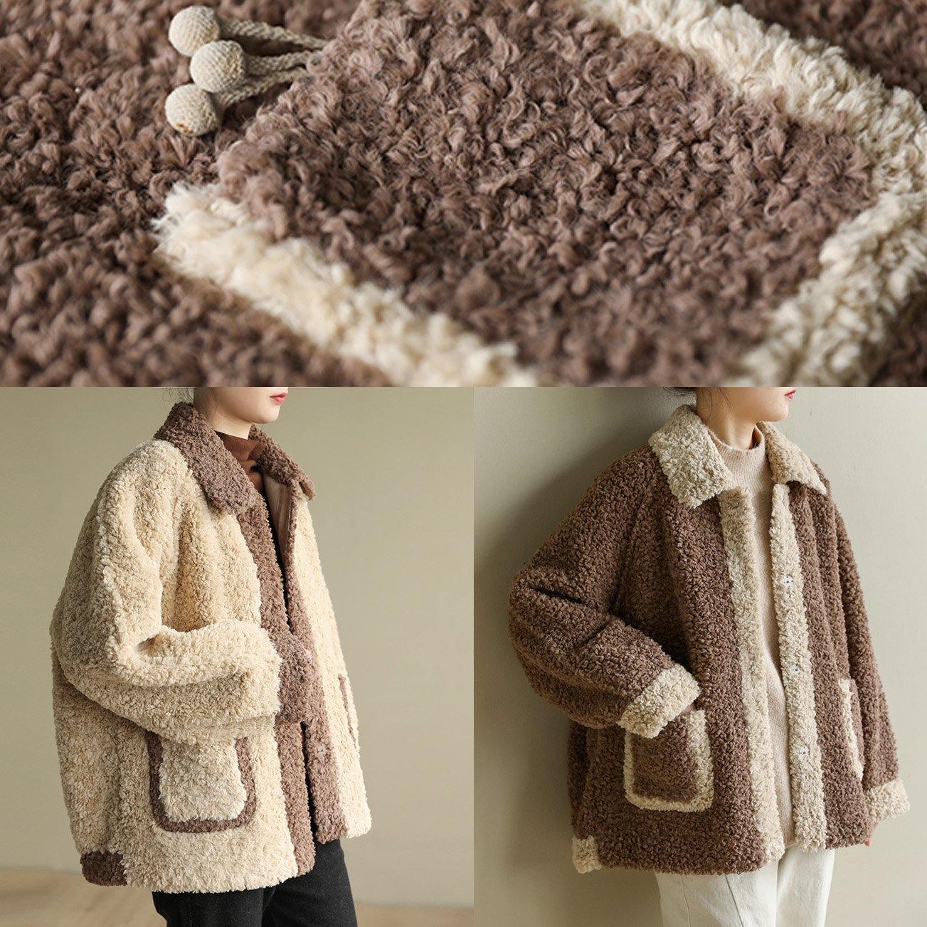 WW | Beige Plus Size Clothing for Women Tutorials Lapel Collar Patchwork Coats